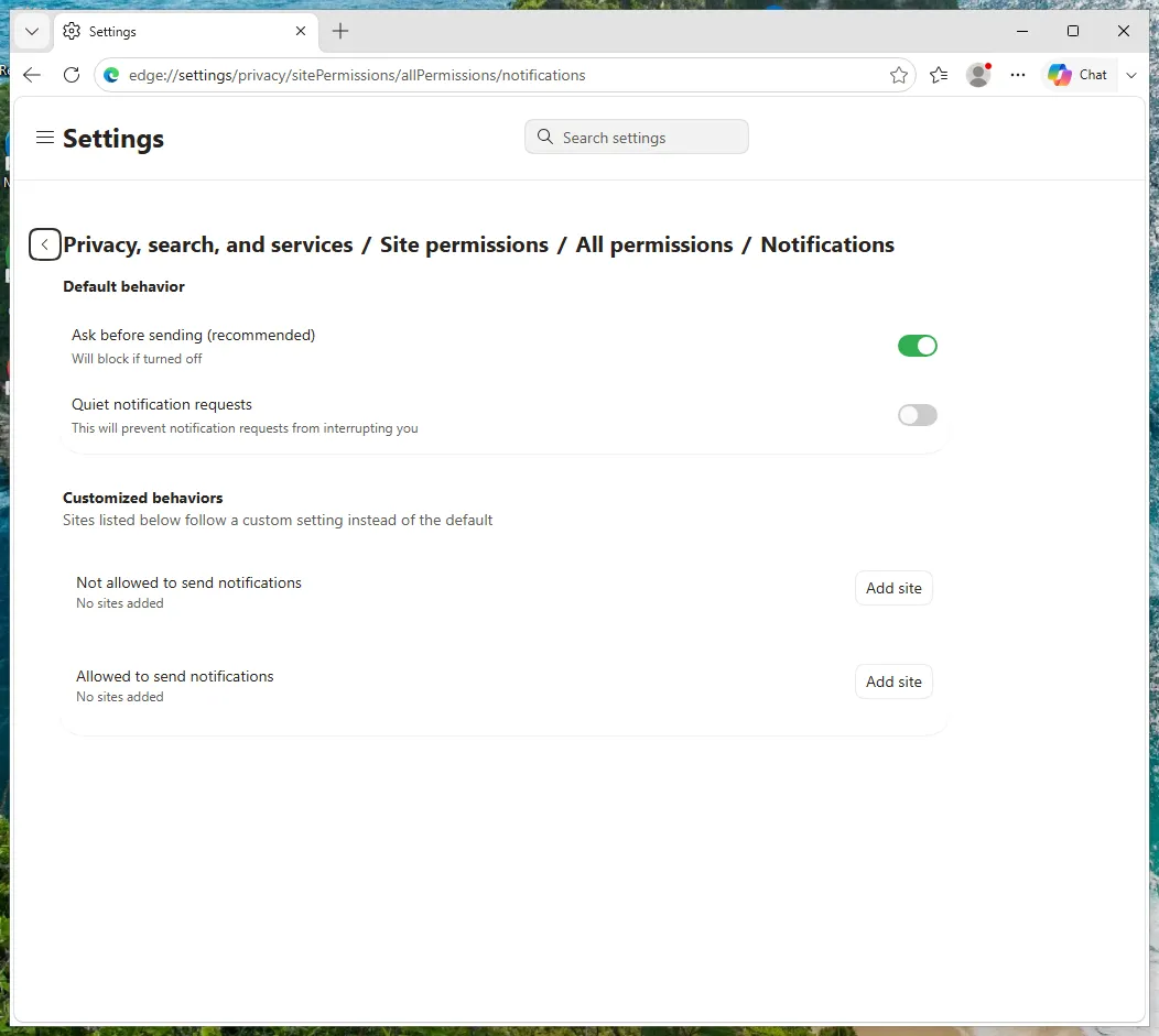 Edge Settings, Notifications page with Not allowed to send notifications and Add site