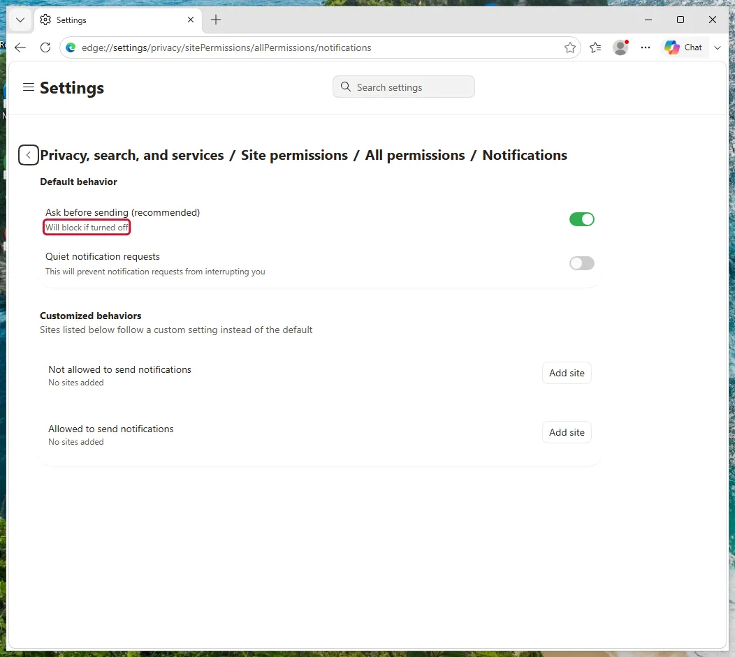 Edge Notifications default behavior: Ask before sending, Will block if turned off