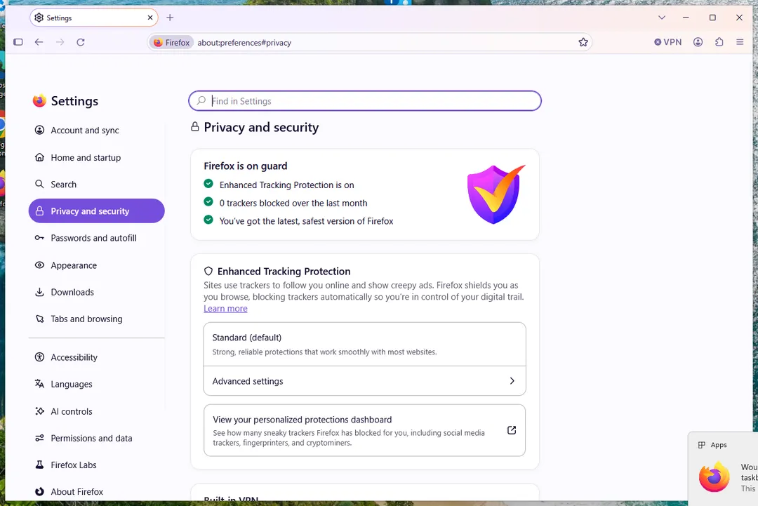Firefox Settings with Permissions and data in the left list