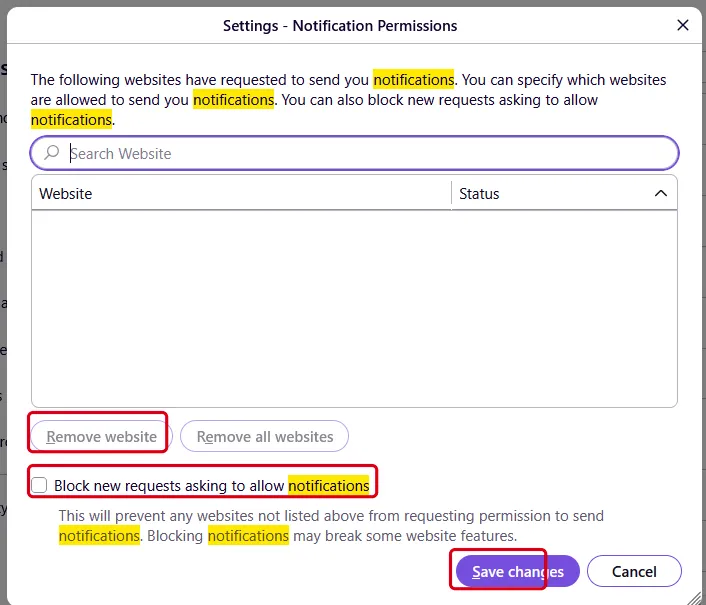 Firefox Notification Permissions window with Remove Website, the block-new-requests box and Save Changes
