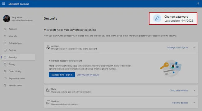Microsoft account Security page with Change password and Manage how I sign in