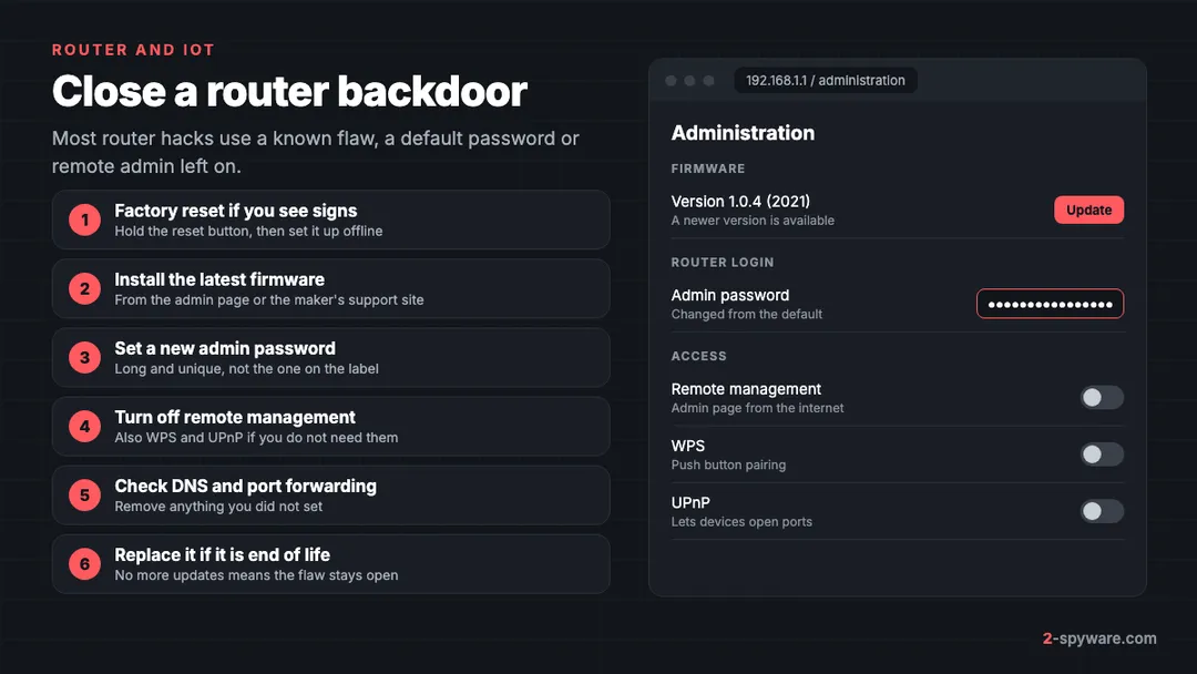 Six steps to close a router backdoor next to a mock router admin page: reset, update firmware, new admin password, remote management off, check DNS, replace old routers