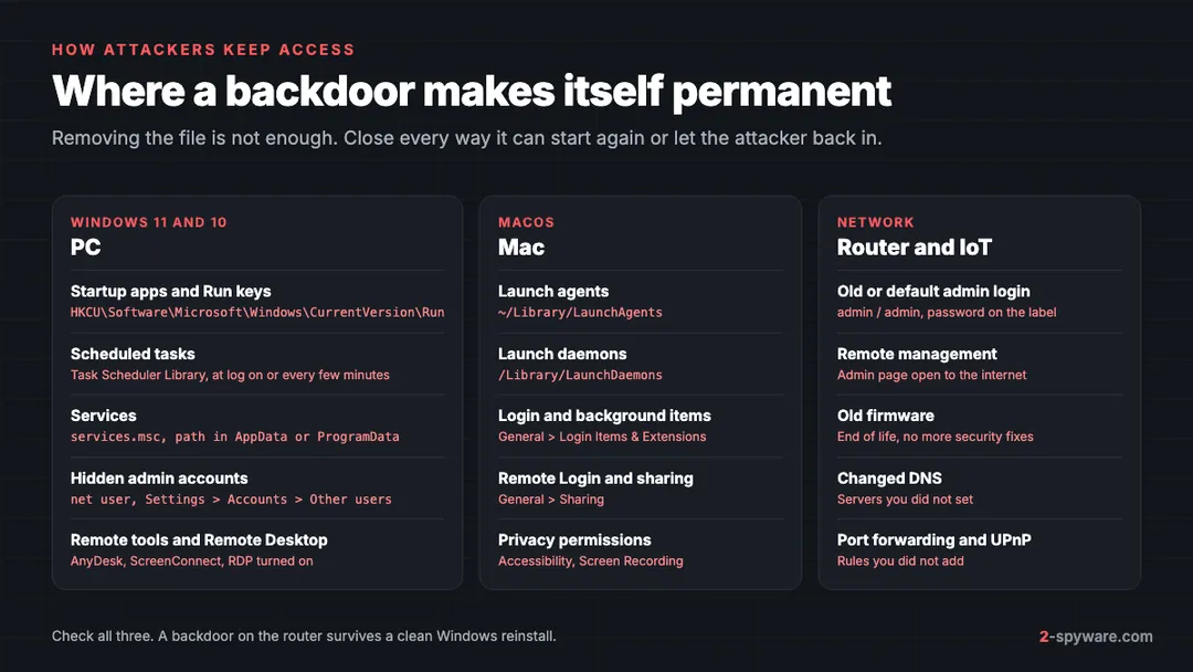 Where a backdoor makes itself permanent on Windows, on a Mac and on a router: startup keys, tasks, services, accounts, launch agents, remote management and DNS