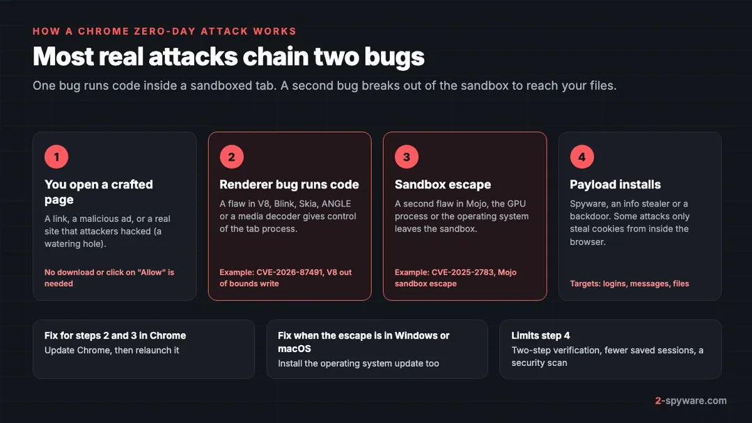 Diagram of a Chrome zero-day attack chain: crafted page, renderer bug in V8 or graphics code, sandbox escape through Mojo or the operating system, then a spyware payload