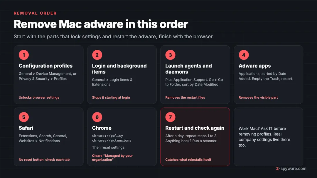 Seven-step removal order for Mac adware, from removing the configuration profile to restarting and checking that nothing came back