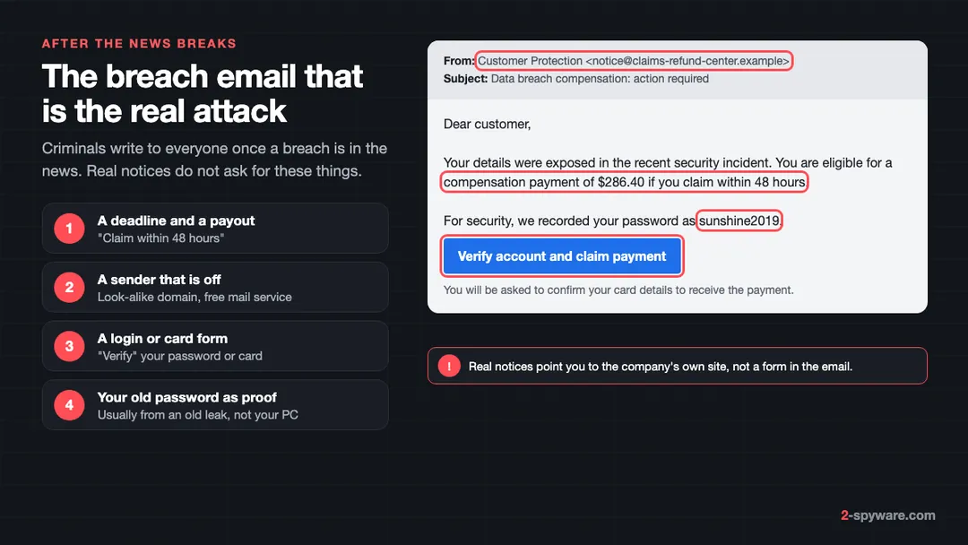 Example of a fake data breach compensation email with a look-alike sender, a 48-hour deadline, an old password and a verify button