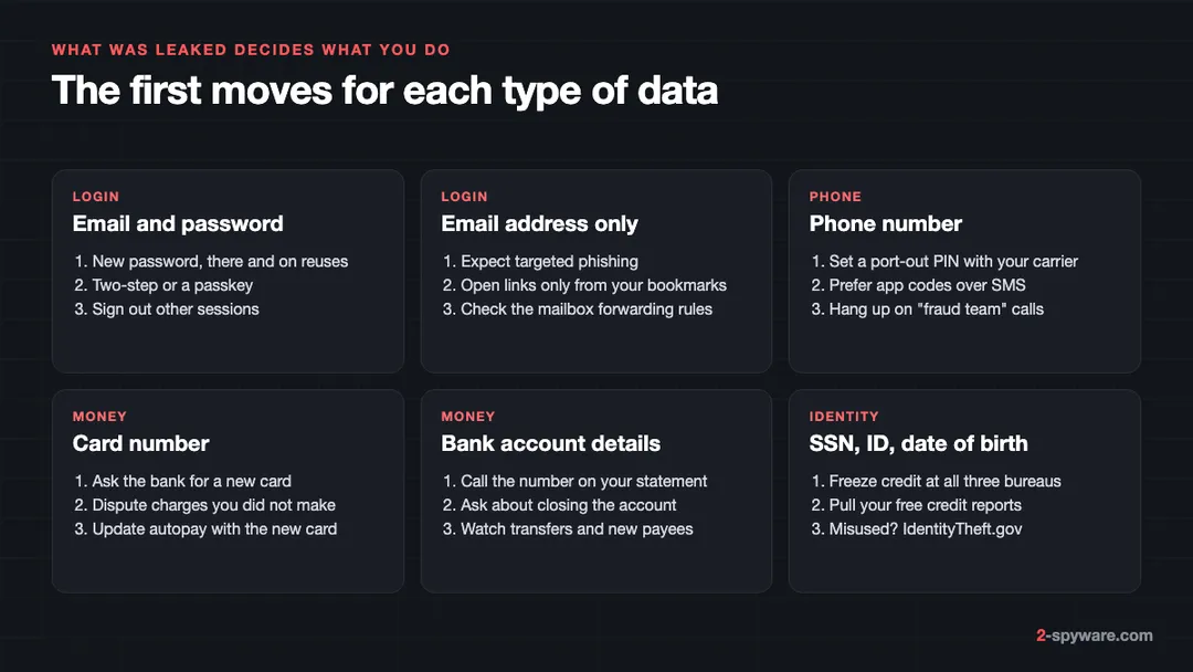 First steps after a data breach for each type of leaked data: email and password, email only, phone number, card, bank account, SSN or ID