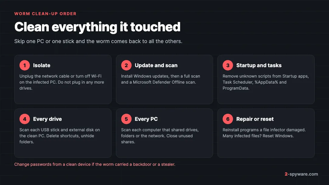 Six steps to clean up a worm: isolate the PC, update and scan, clear startup and tasks, clean each drive, scan each PC, repair or reset