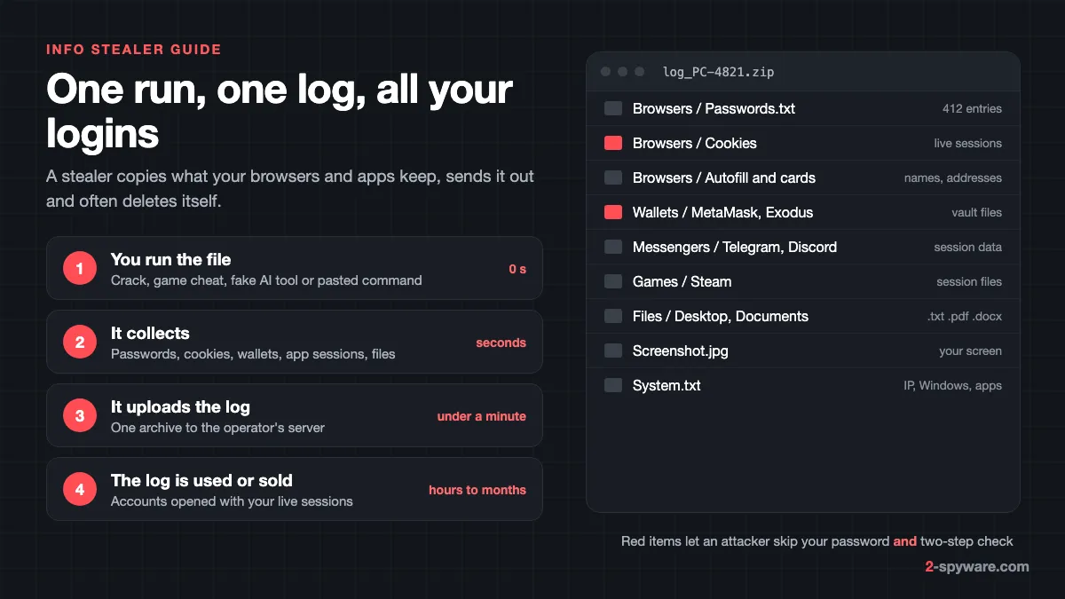 How an info stealer works: you run the file, it collects passwords, cookies and wallets in seconds, uploads one log, and the log is used or sold