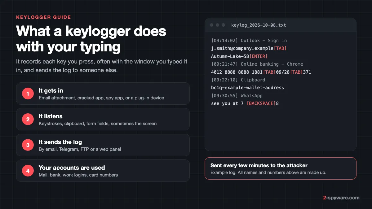 How a keylogger works: it gets in, records keystrokes and clipboard, sends the log to an attacker, and the stolen logins are used