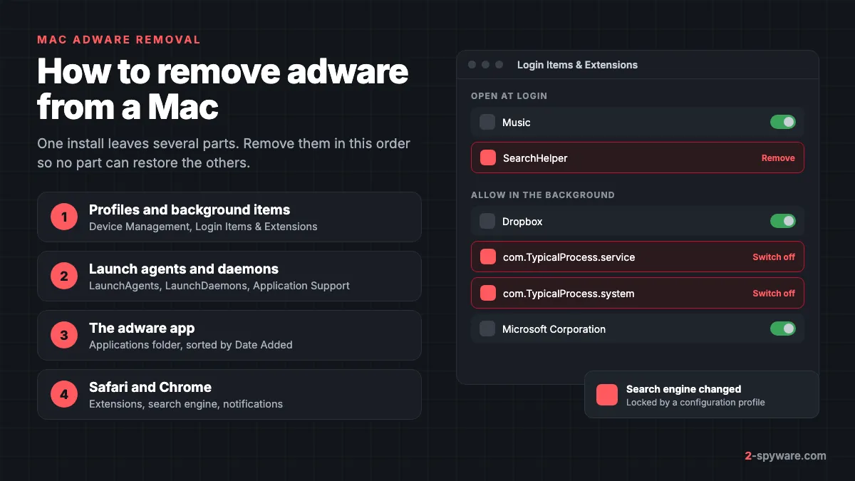 How to remove adware from a Mac: remove the profile, background items, launch agents, the app, then clean Safari and Chrome