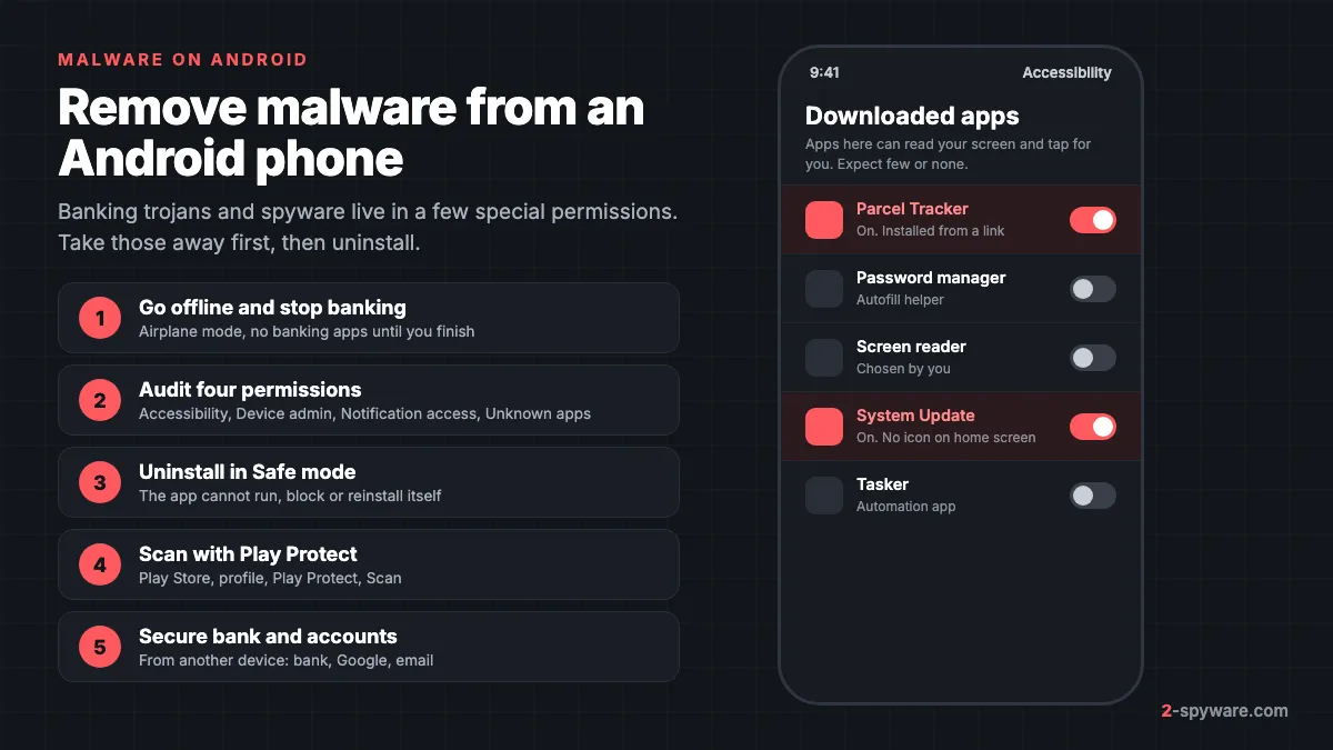 Five steps to remove malware from an Android phone next to a mock Accessibility settings screen with two suspicious apps switched on