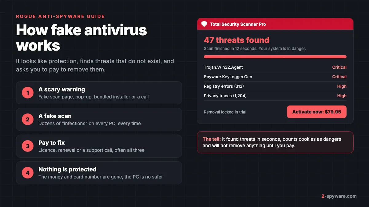 How fake antivirus works: a scary warning, a fake scan with 47 invented threats, a demand to pay, and no real protection afterwards