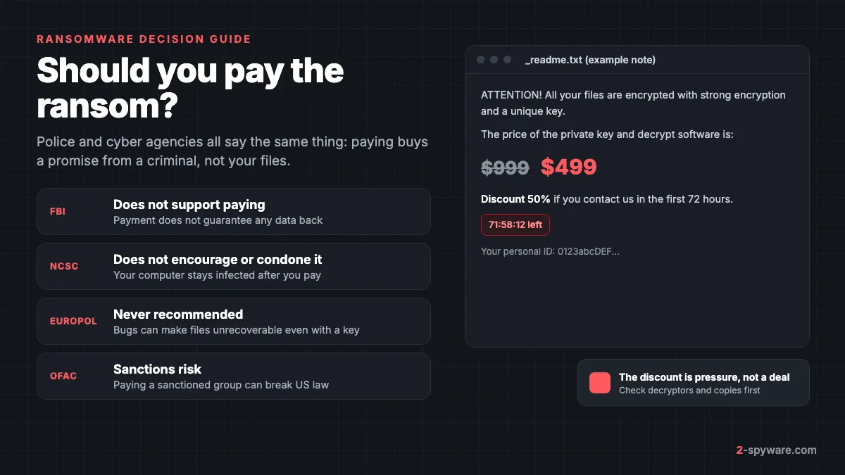 Should you pay the ransom: FBI, NCSC, Europol and OFAC positions next to an example ransom note offering a 50% discount within 72 hours