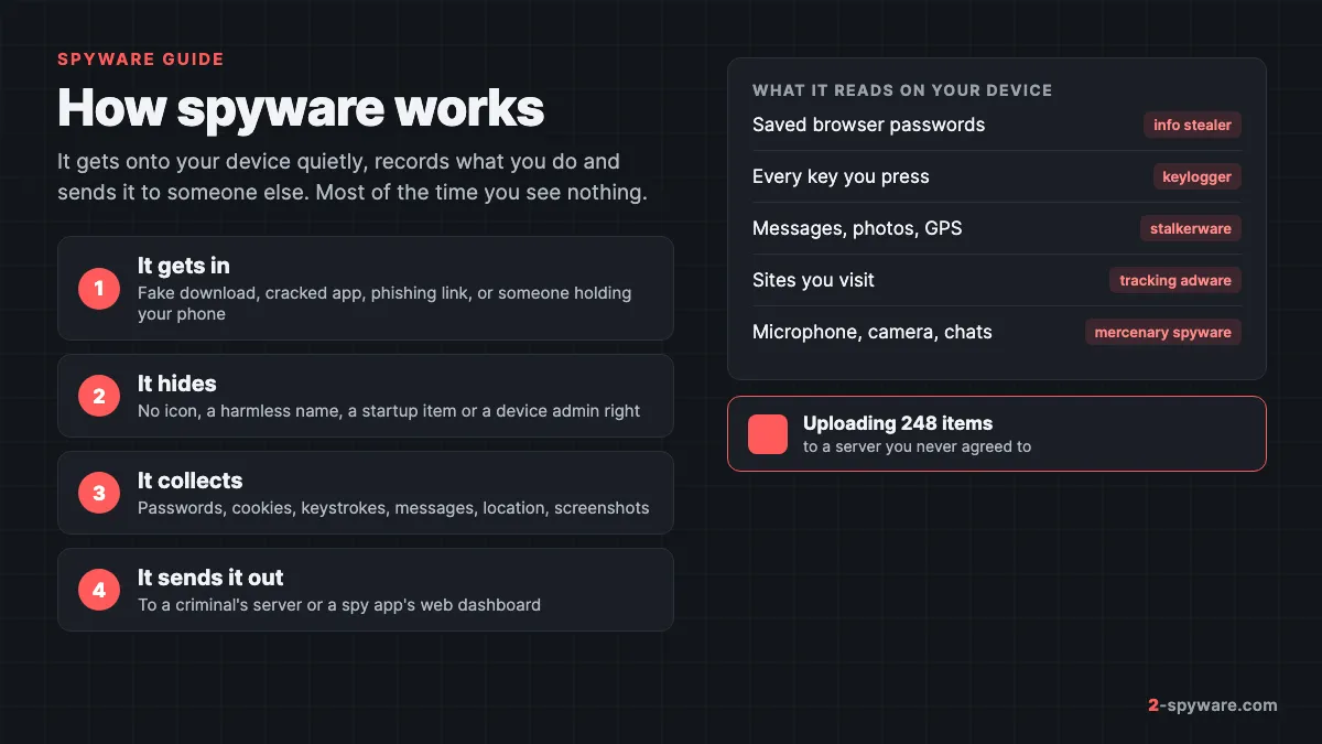 How spyware works: it gets in through a fake download or physical access, hides, collects passwords, keystrokes, messages and location, then uploads them