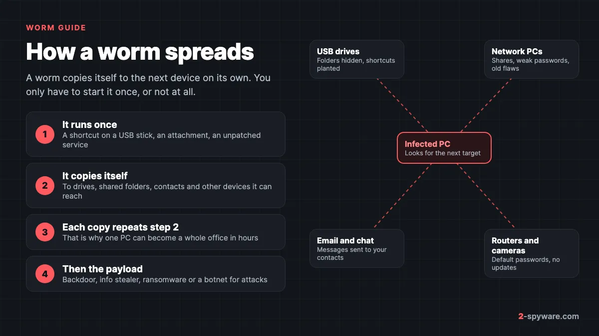 How a computer worm spreads: it runs once, copies itself to USB drives, network PCs, email and chat contacts, routers and cameras, then drops its payload