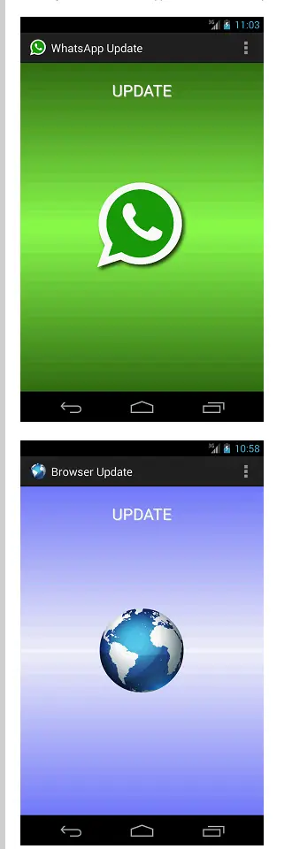 Two fake update screens on an Android phone: WhatsApp Update with a green speech bubble and Browser Update with a globe