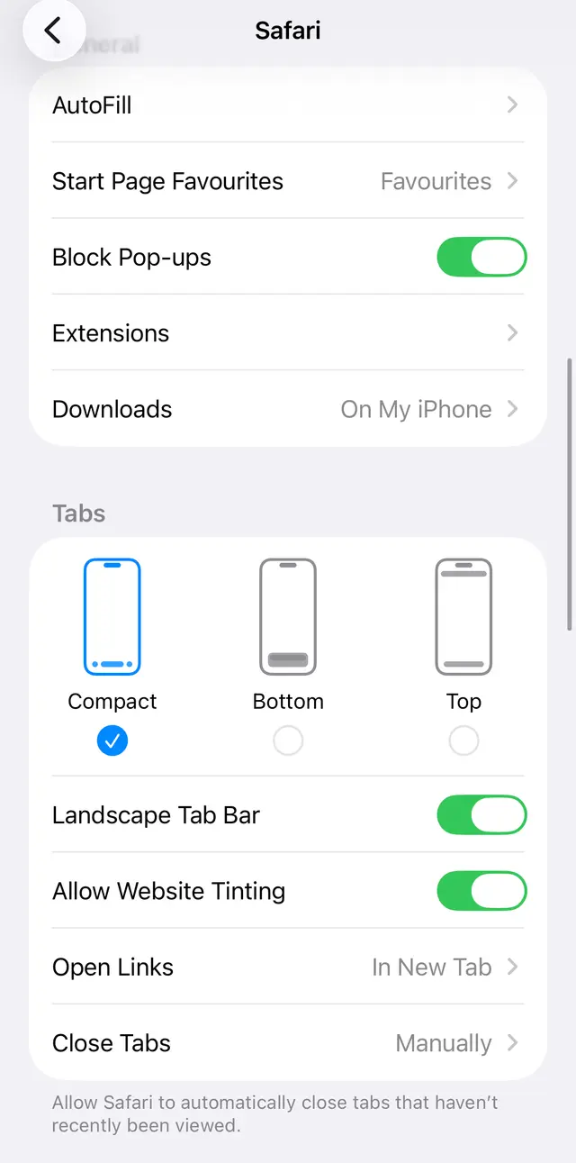 iPhone Safari settings with the Block Pop-ups switch turned on