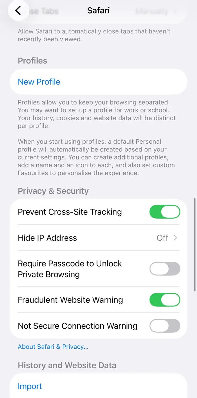 iPhone Safari settings with the Fraudulent Website Warning switch in the Privacy and Security block