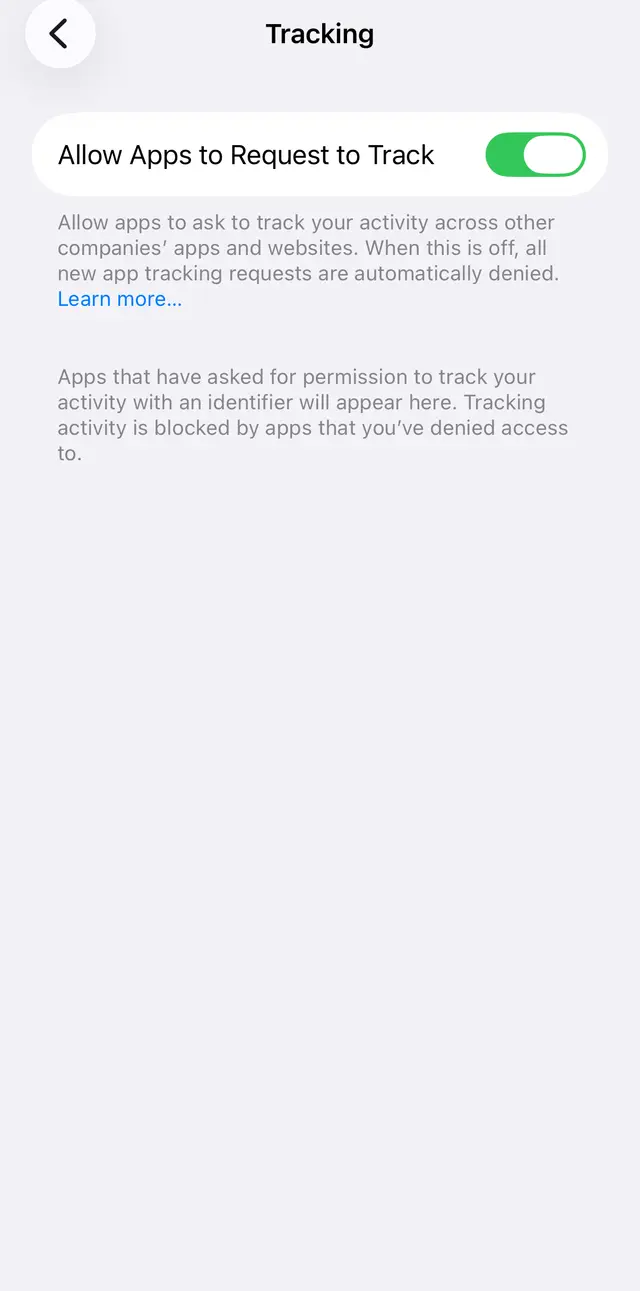 iPhone Settings, Privacy and Security, Tracking with the switch Allow Apps to Request to Track