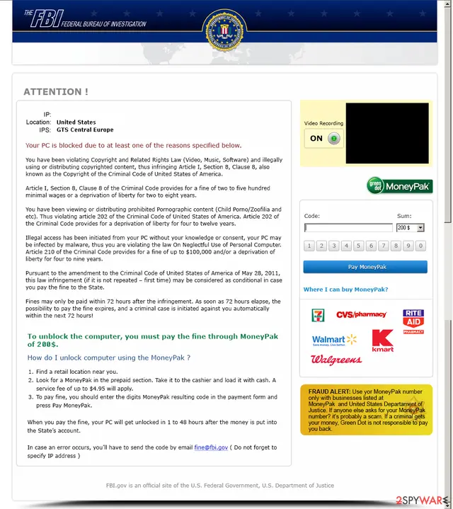Fake FBI lock screen with a MoneyPak code box, a 200 dollar fine and a 72-hour deadline