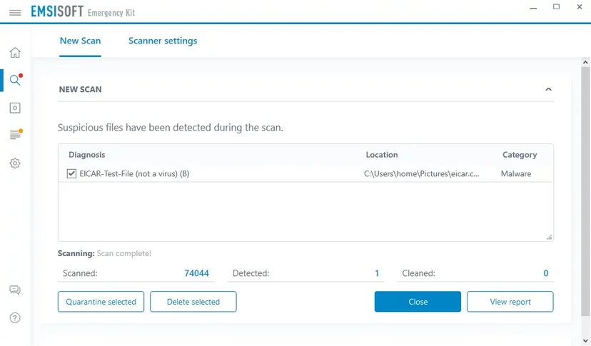 Emsisoft Emergency Kit scan result window with the EICAR test file detected and Quarantine selected and Delete selected buttons