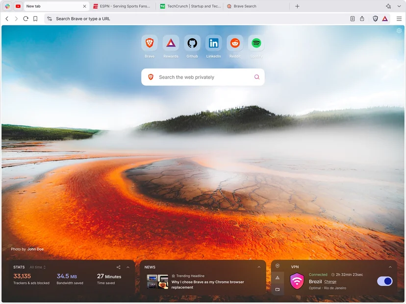 Brave browser new tab page with shortcut icons, a private search box, and stats, news and VPN panels along the bottom