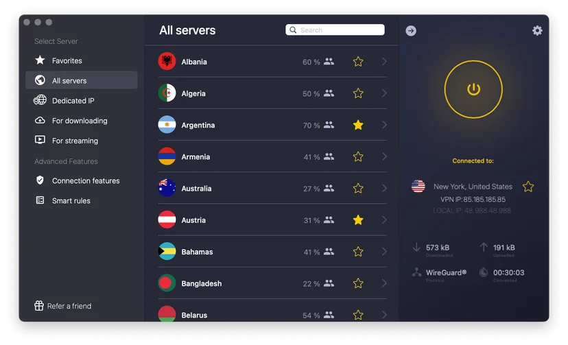 CyberGhost VPN app for Mac showing the all servers list, streaming and downloading sections and a WireGuard connection to New York