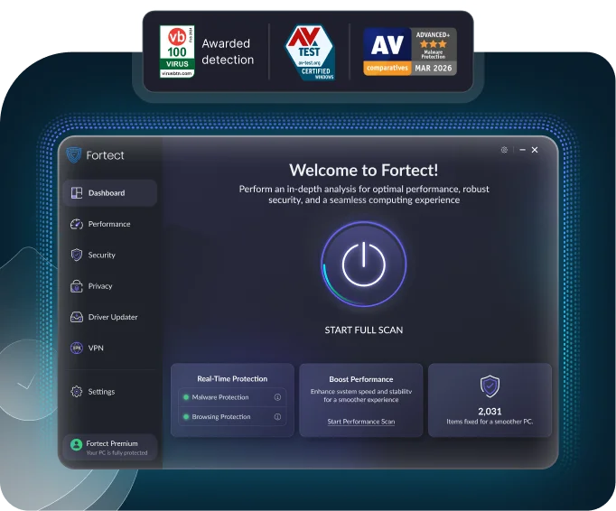 Fortect dashboard with the Start full scan button, real-time protection status and the VB100, AV-TEST and AV-Comparatives badges Fortect shows