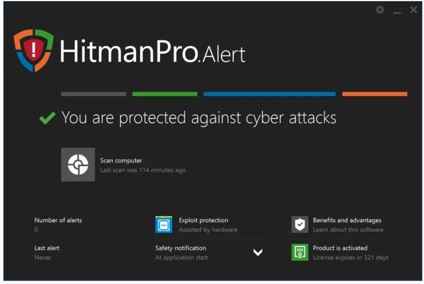 HitmanPro.Alert main window with the message You are protected against cyber attacks, a Scan computer button, alert counters and license status