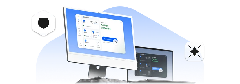 Intego ONE app on an iMac and a MacBook showing the Actively Protected status and the Start Disk Scan button
