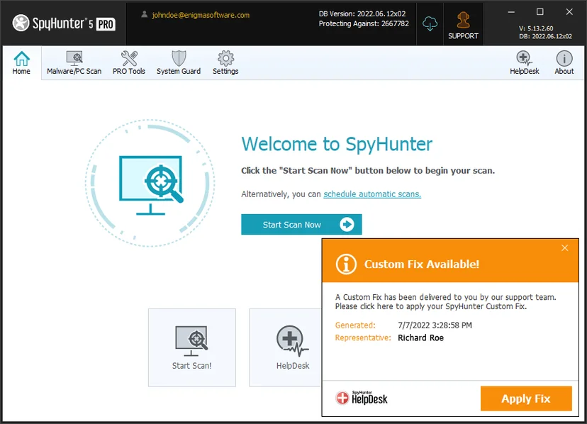 SpyHunter 5 Pro home screen with the Start Scan Now button and a Custom Fix Available notice from the HelpDesk