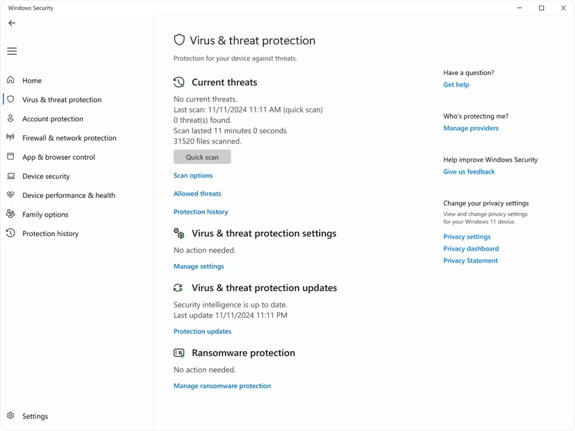 Windows Security app on Windows 11 showing the Virus and threat protection page with Microsoft Defender Antivirus scan status and updates
