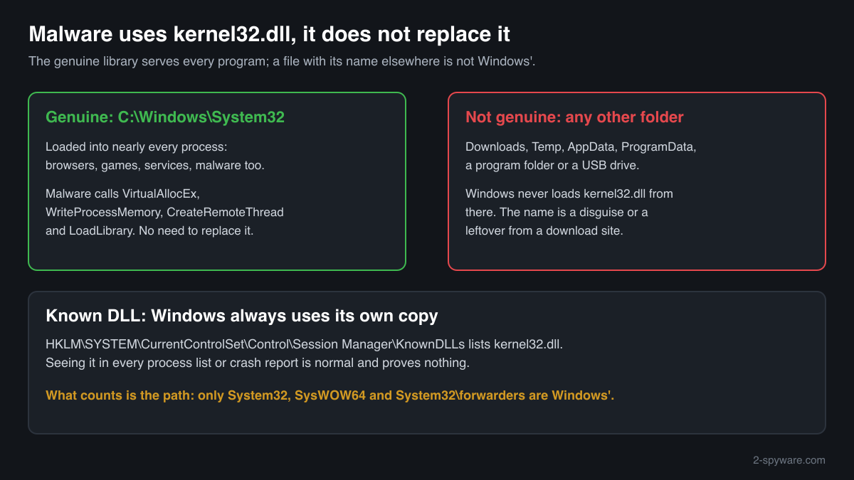 How programs and malware both call the genuine kernel32.dll in System32, and why a copy in another folder is not loaded by Windows