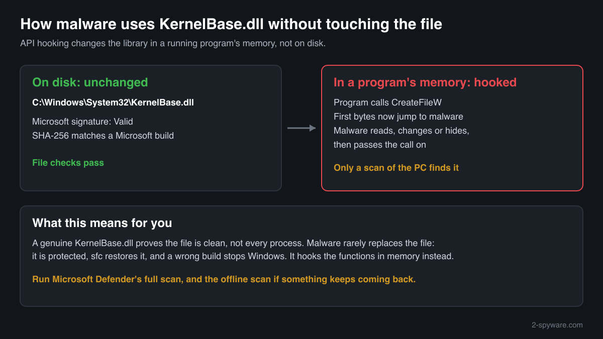 How malware hooks a KernelBase.dll function in a running program's memory while the file in System32 stays unchanged and signed