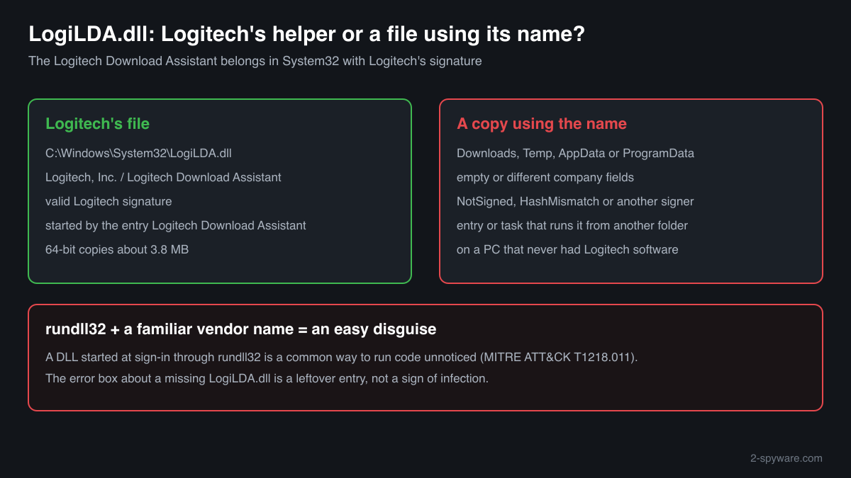How Logitech's genuine LogiLDA.dll starts from System32 through rundll32 and what a copy using its name in another folder looks like