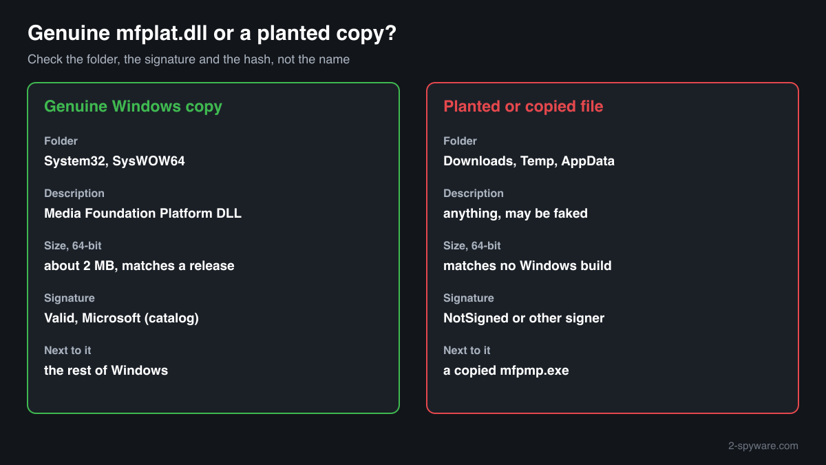 Genuine mfplat.dll compared with a planted copy: folder, Description field, size and Microsoft catalog signature