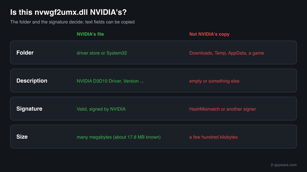 Four checks that tell NVIDIA's genuine nvwgf2umx.dll from a planted copy: folder, description, signature and size