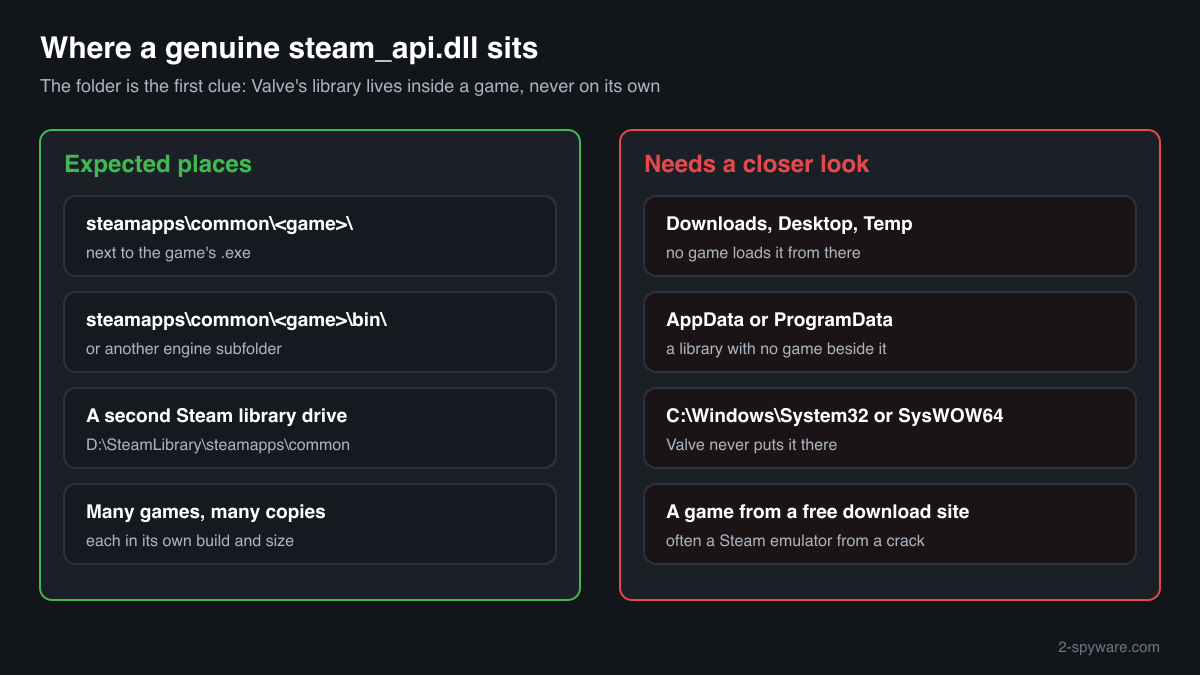 Where a genuine steam_api.dll sits inside Steam game folders and which locations call for a closer look