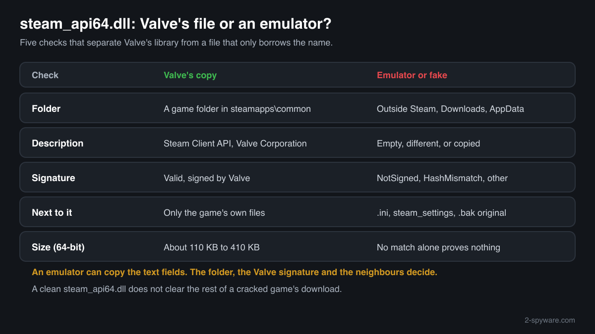 Five checks that tell Valve's genuine steam_api64.dll from an emulator: folder, description, signature, neighbours and size