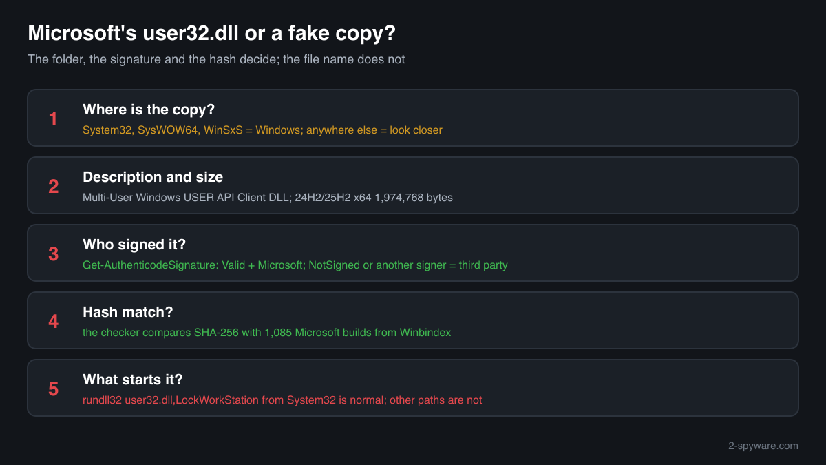 Genuine user32.dll compared with a copy outside the Windows folders: folder, Description field, signature, hash and startup entries