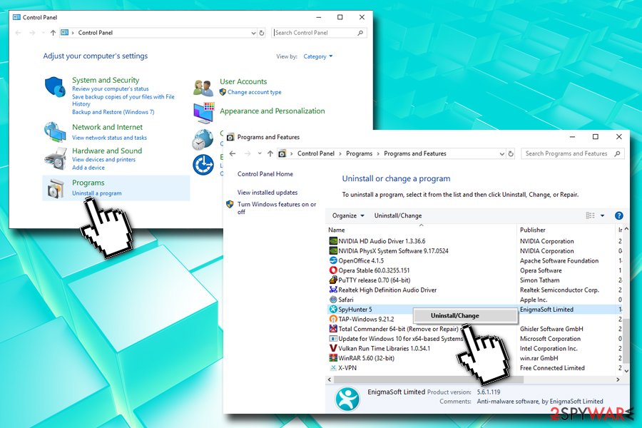 Uninstall via Control Panel Uninstall via Control Panel