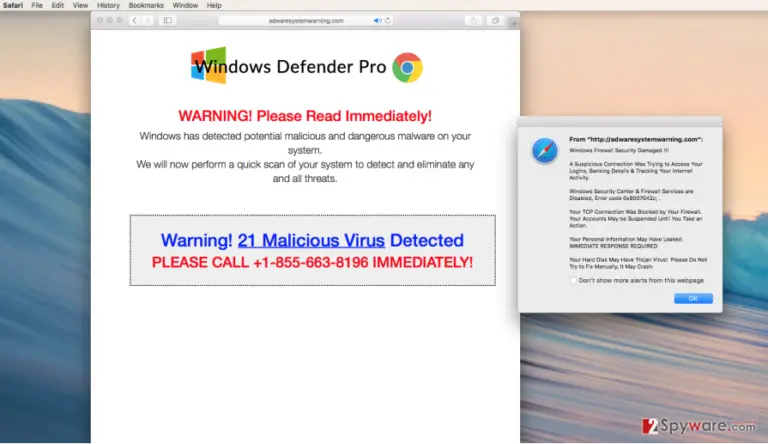 pop-up ads by Adwaresystemwarning.com adware on a computer screen