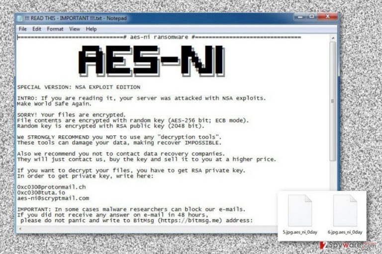 Ransom note by .Aes_ni_0day file extension virus Ransom note by .Aes_ni_0day file extension virus