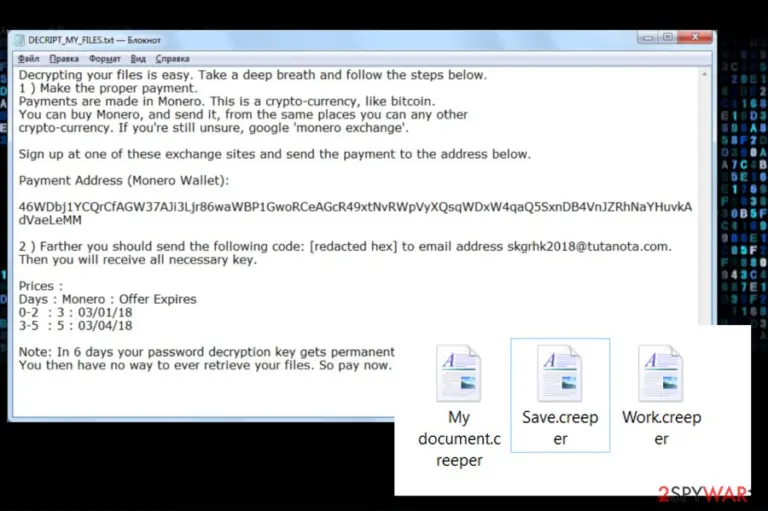 A printscreen of Creeper ransom note