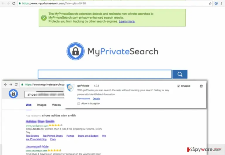 GoPrivate virus redirects to myprivatesearch.com site every time the user attempts to search the web via another search engine