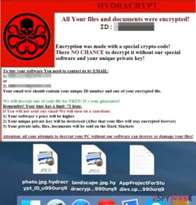 Screenshot of HydraCrypt ransom note and infected files