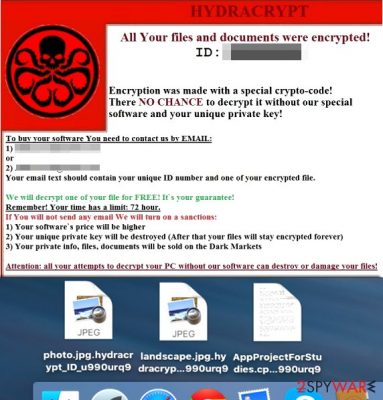 Screenshot of HydraCrypt ransom note and infected files