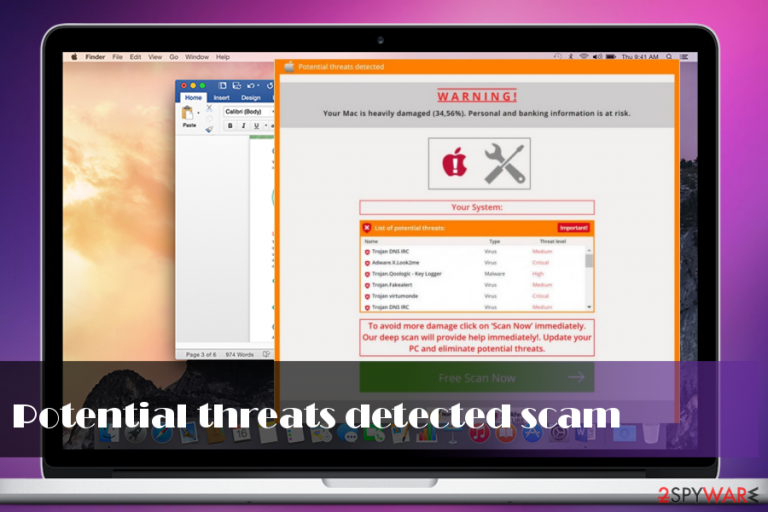 Potential threats detected pop-up scam Potential threats detected pop-up scam