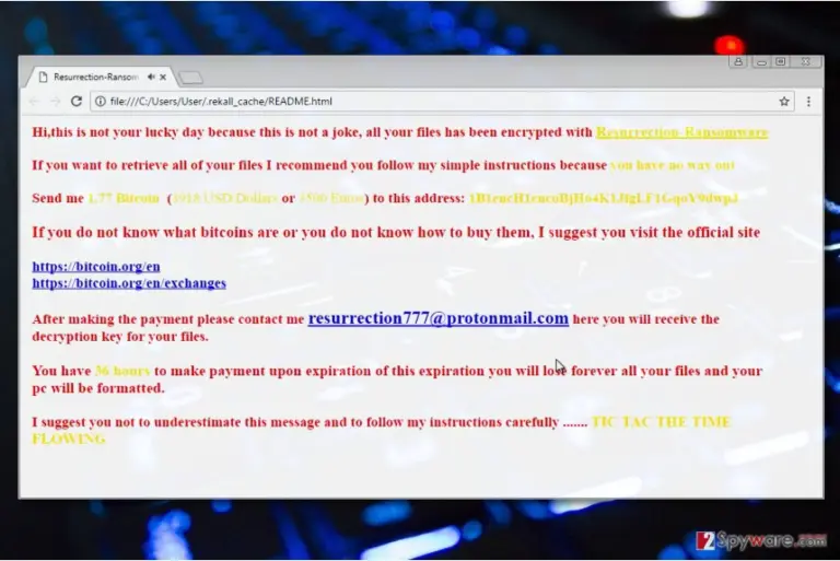Screenshot of Resurrection ransomware note